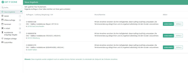 Screenshot der Auftragsangebote in der Partner-App